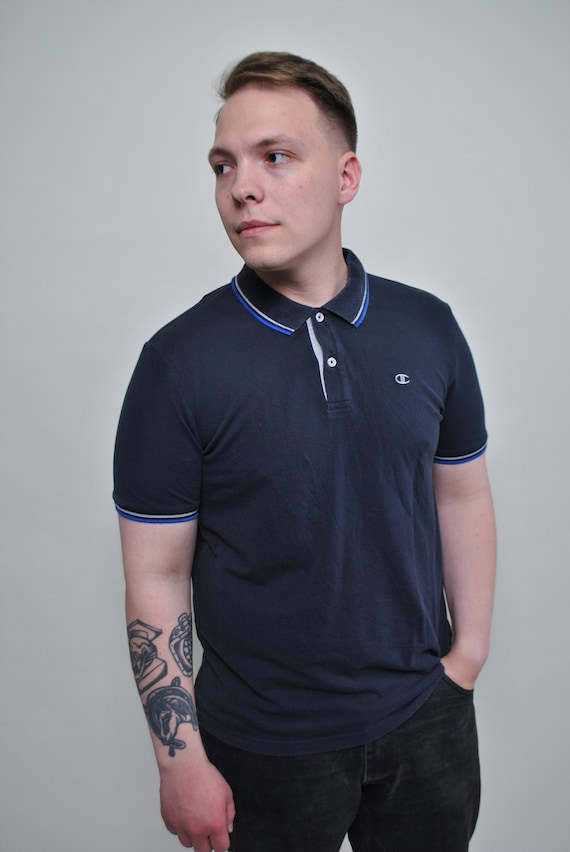 Y2k Champion Navy Tipped Collar Polo Shirt Short Sleeve Minimalist Cotton Medium