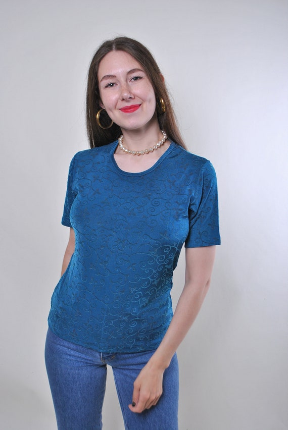 Vintage Floral Print Pullover Blouse, 90s Polyester Top, Size M