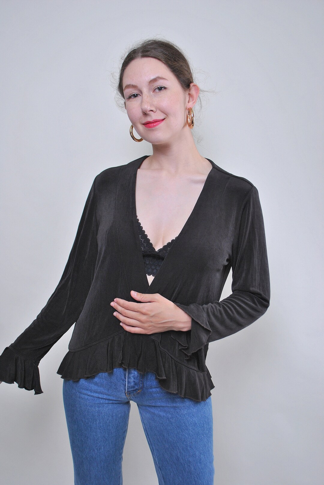 Vintage V-neck Ruffle Blouse, 90s Crop Ruched Blouse, Size M - Etsy