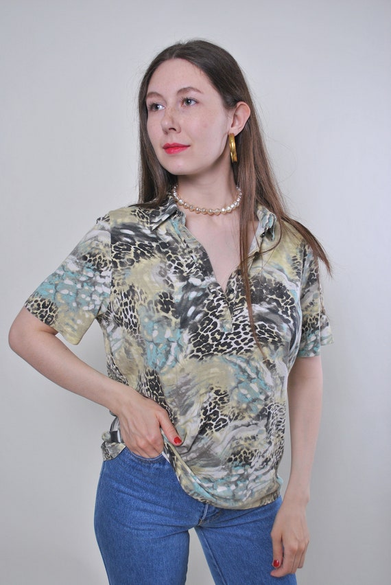 Vintage 90s leopard blouse, multicolor printed top, summer pullover shirt, Size L