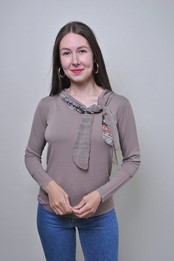 Vintage Tie Collar Viscose Blouse - 90s Brown Pullover, Size M