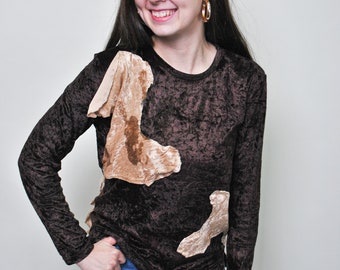 90s brown color velvet blouse, vintage patchwork pullover long sleeve top, Size M