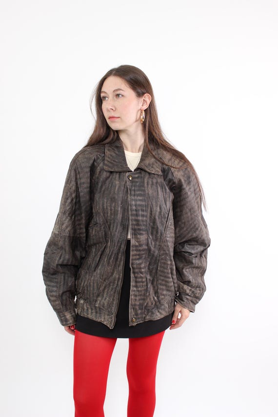 90s Distressed Leather Bomber Vintage Striped Wash Brown Grey Oversized Unisex Jacket Size XL