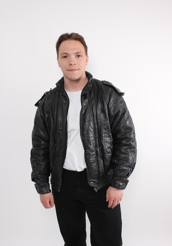 Vintage 80s Black Leather Bomber Jacket L Cropped Aviator Jacket Retro Biker Grunge Coat
