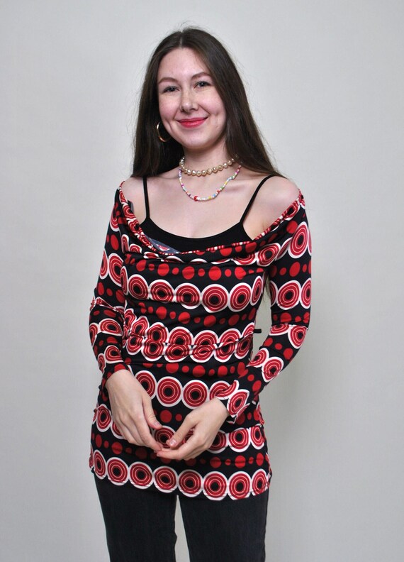 Red Bullseye Print Off-Shoulder Top Y2K Long Sleeve Stretchy Shirt S