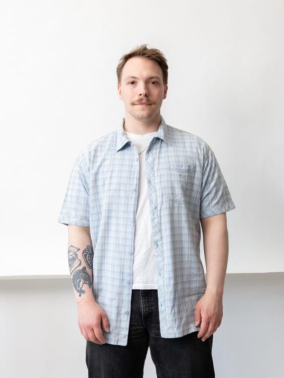 Y2k Blue Plaid Short Sleeve Shirt Vintage Vacation Cotton Pocket Button Up Size XL