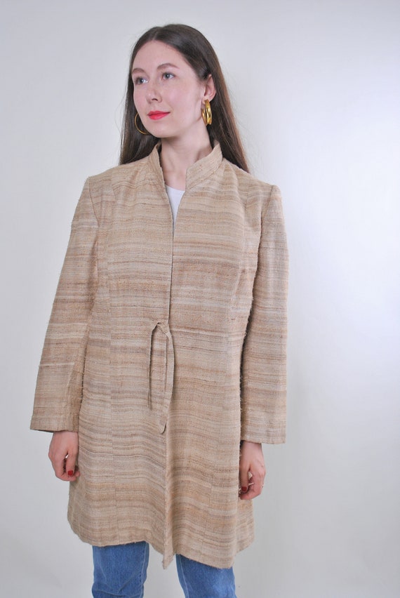 90s striped print pastel trench coat, vintage designer overcoat with tie belt, Size M