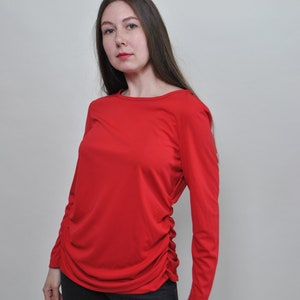 90s Vintage Red Ruched Blouse: Ruffle Pullover, Size M