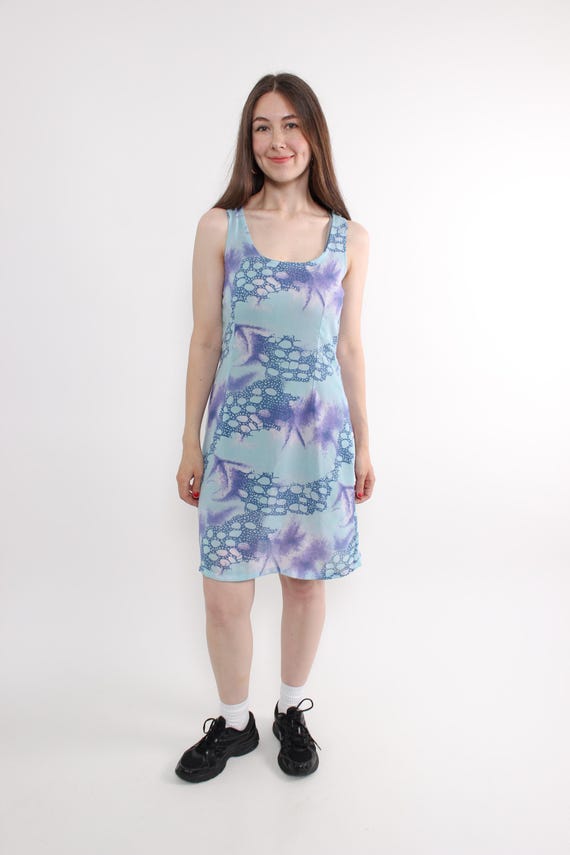 Vintage abstract print mini dress, 90s purple colour lightweight summer dress, Size S