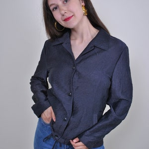 90s minimalist heavyweight blouse, Vintage button through blouse in black, Size M