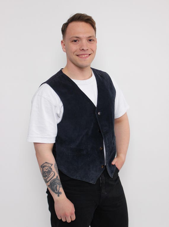 90s Navy Suede Waistcoat Vintage Mens Five Button Welt Pocket Vest Size L