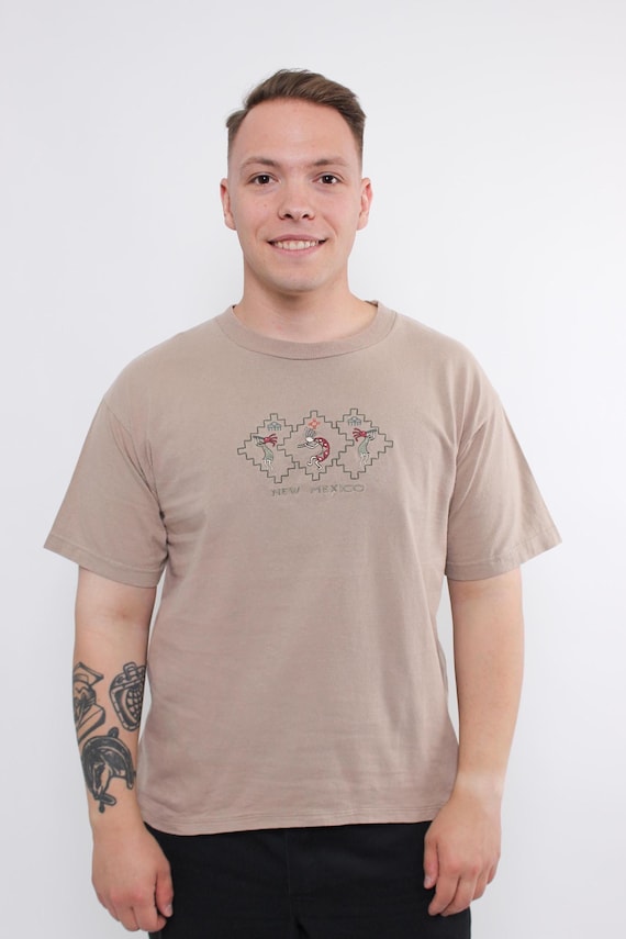 Retro 90s T-shirt New Mexico Souvenir Brown Embroidered Roadrunner Aztec 90s Cotton Tee Large