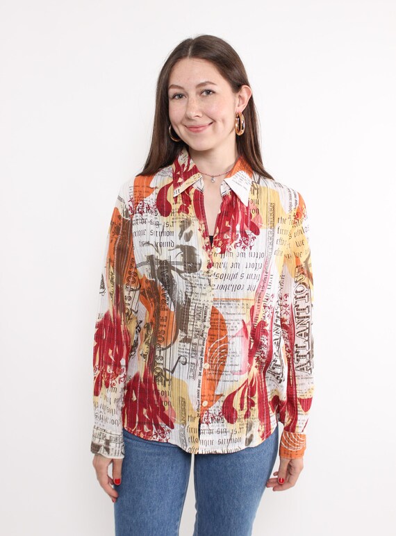 Newspaper Print Blouse Red Orange Collage Y2K Long Sleeve Sheer Shirt Medium