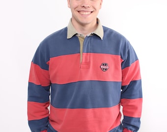 90年代の厚手のコットン製ラグビージャージ、長袖ストライプポロシャツ