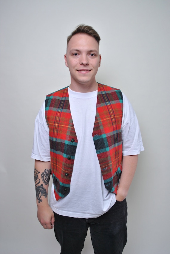 90s Vintage Plaid Wool Vest: Red Green Checkered Top, Size M
