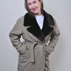80s Vintage Faux Fur Overcoat: Minimalist Military Style Trench, Size L