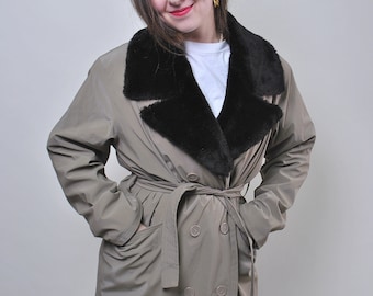 80s Vintage Faux Fur Overcoat: Minimalist Military Style Trench, Size L