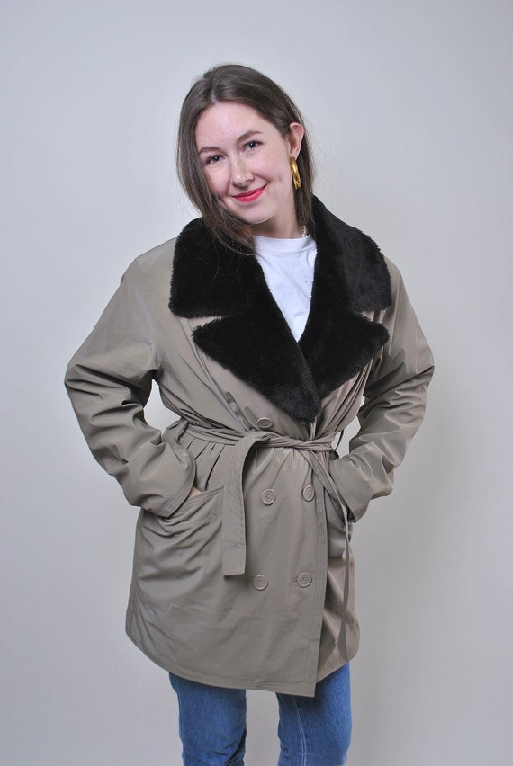 80s Vintage Faux Fur Overcoat: Minimalist Military Style Trench, Size L