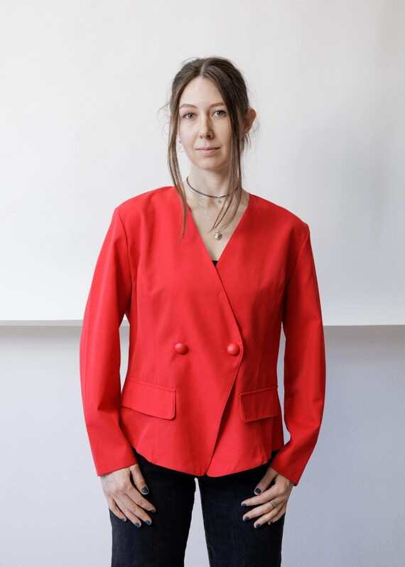 80s Crimson Red Collarless Blazer Vintage Double Breasted Dome Button Power Jacket M
