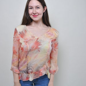 Y2k flowers print blouse, vintage ruffle v-neck floral blouse, Size M