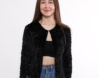 Cárdigan corto de terciopelo negro de los 90, blusa vintage texturizada bordada, talla M