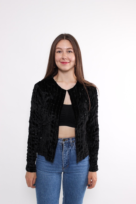 90s black velvet crop cardigan, vintage textured embroidered blouse, Size M