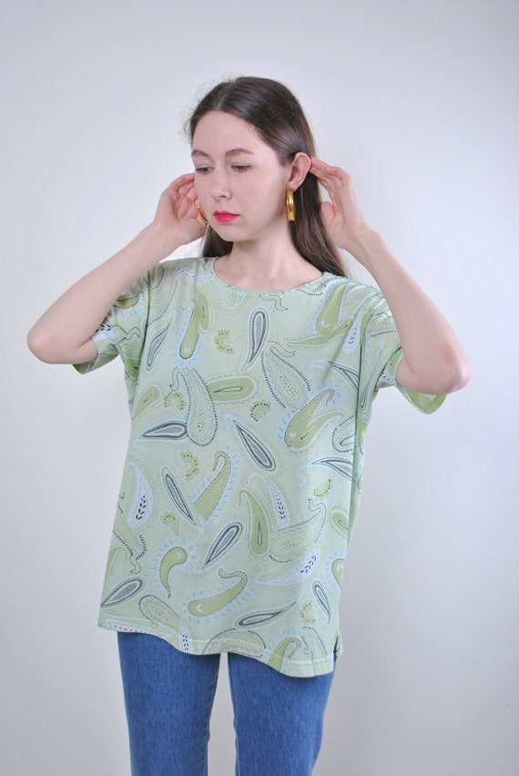 90s Sage Green Paisley Print Top Vintage Pullover Round Neck Summer Blouse Large