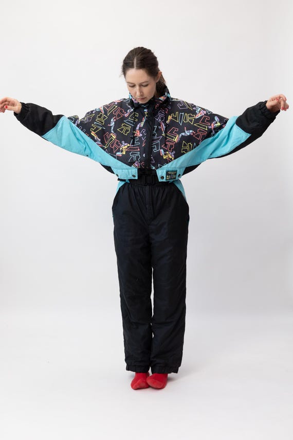 Vintage Le Jour Blanc Black Turquoise Abstract Print Ski Suit Size M/L