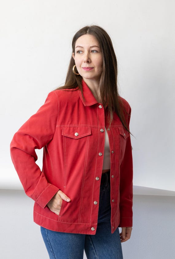 90s Red Trucker Jacket White Contrast Stitch Oversize Vintage Twill Size M