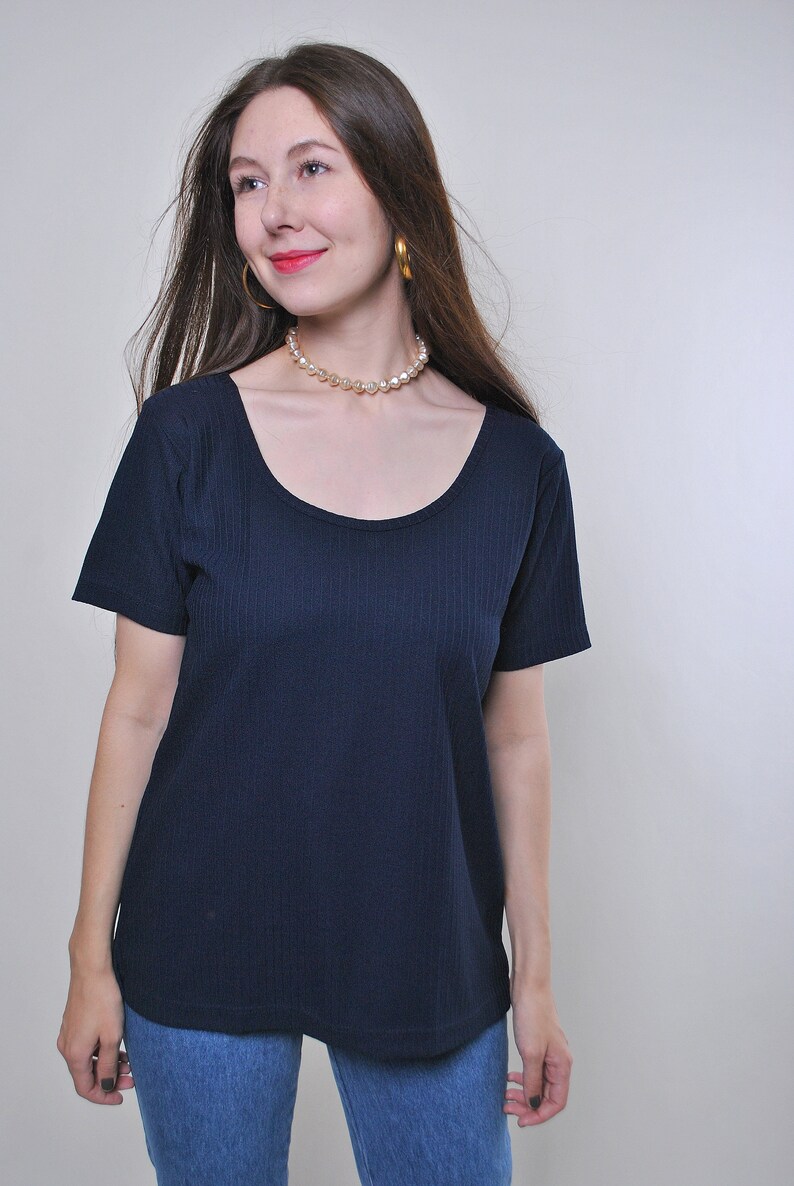 Vintage minimalist pullover striped blue blouse Size M
