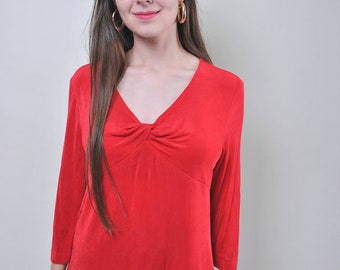 2000s vintage V-neck minimalist blouse, y2k pullover top red casual summer shirt, Size L