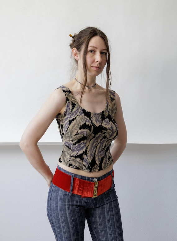 90s Feather Print Corset Tank Vintage Black Cream Lavender Fitted Bustier Crop Top  M