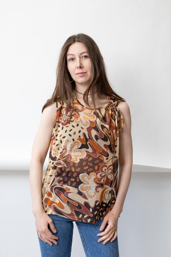 Y2K Sheer Mesh Top Vintage Brown Psychedelic Floral Shoulder Tie Boho Top Size L
