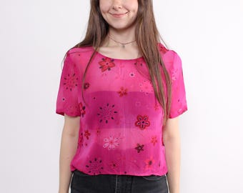 90s Pink Floral Print Viscose Blouse: Sheer Vintage Summer Top