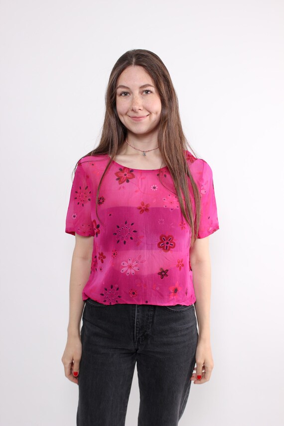 90s Pink Floral Print Viscose Blouse: Sheer Vintage Summer Top