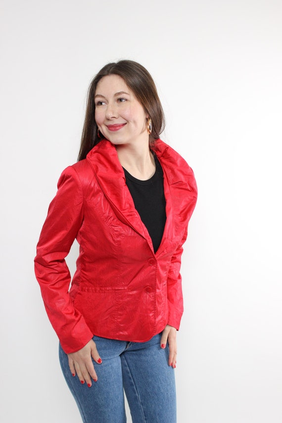 90s crop suit jacket in red, vintage ruffle collar blazer, Size M