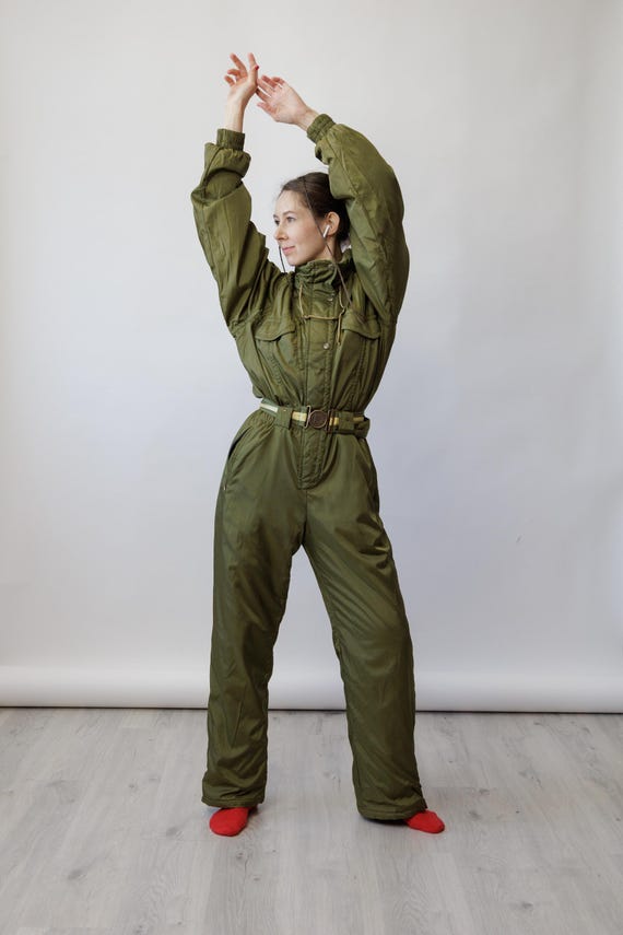 90s Olive Green Shiny Vintage Ski Suit One Piece Snowsuit Buckle Belt Size L