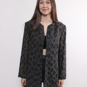 90s leopard pattern long blazer, vintage button front long knit jacket, Size M
