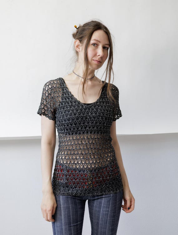90s Metallic Silver Crochet Net Knit Top Sheer Open Mesh Y2K  Size M