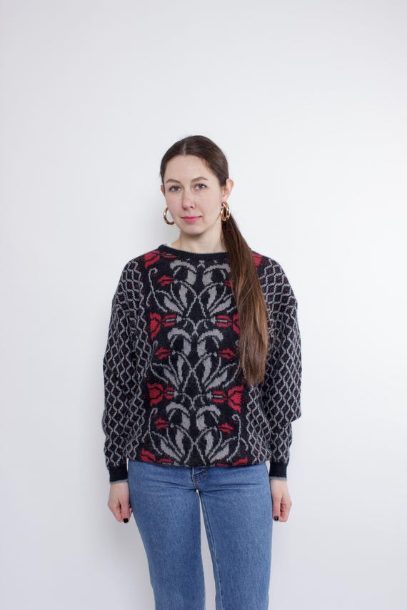 Vintage 90s Flowers Pullover Sweater, Grey Red Knit Sweater, Size M