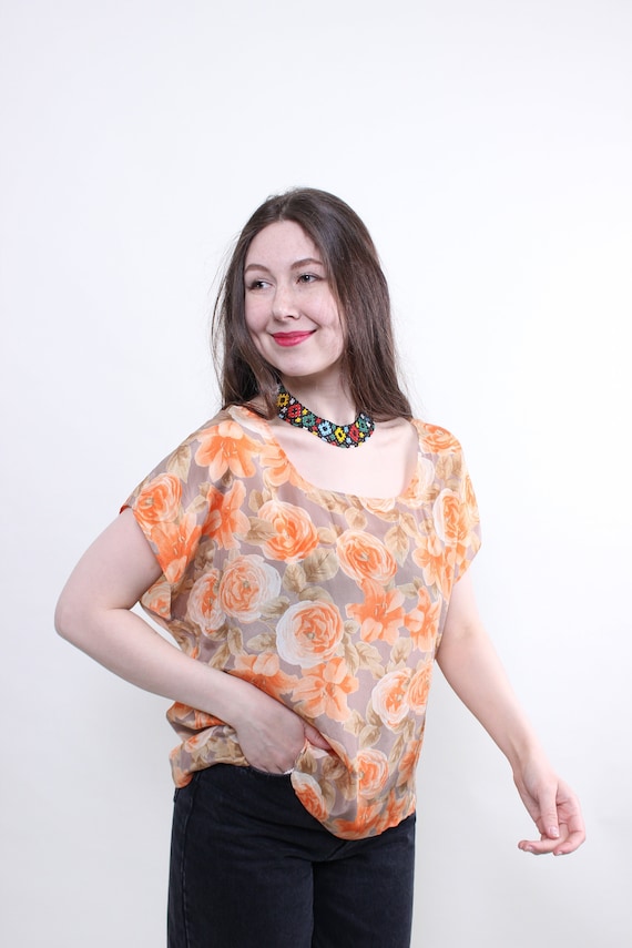 90s Orange Rose Print Blouse Vintage Sheer Chiffon Floral Boxy Short Sleeve Size M