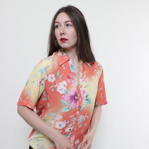 90s flowers print colorful blouse, vintage multicolor button front floral blouse, Size M