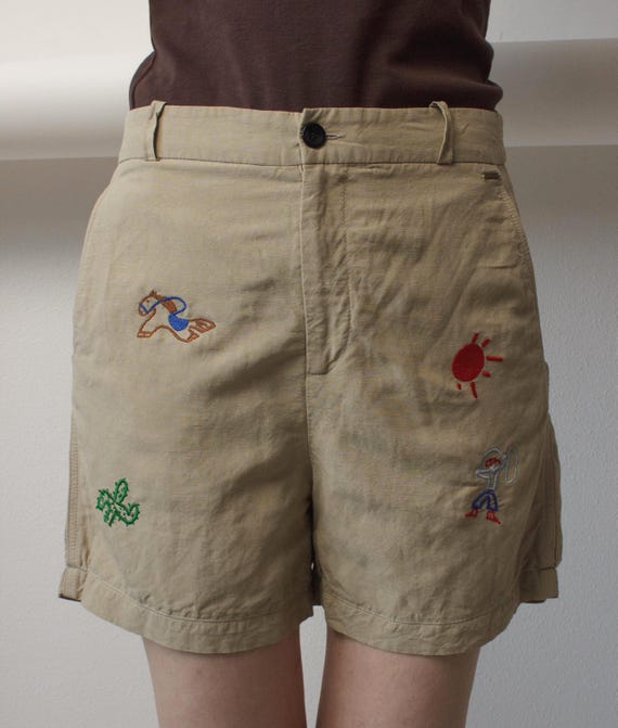 Cowboy Embroidered Reworked Shorts Western Art Linen Bermuda Size M
