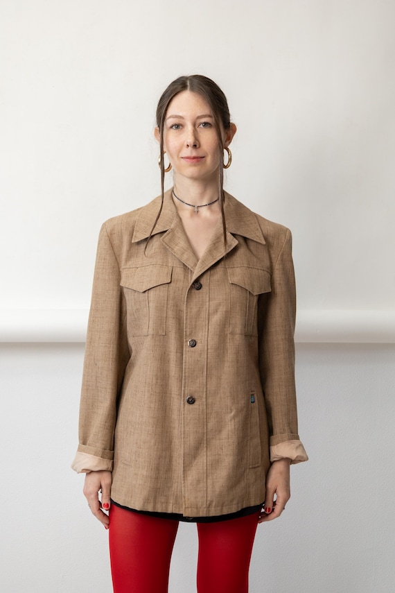 70s Tan Safari Jacket Vintage Utility Wide Collar Patch Pocket Leisure Coat Size L