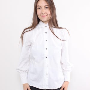 90s white puff sleeve blouse, vintage cotton button up shirt with high collar, Size M