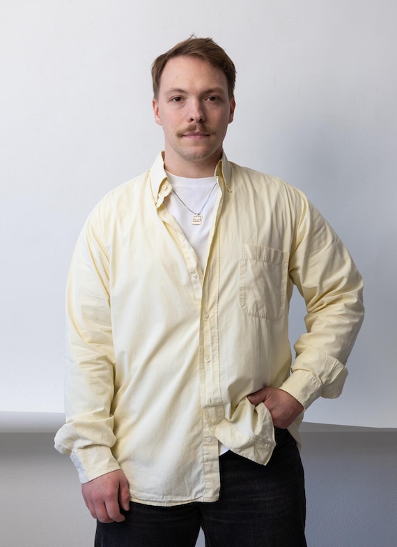 Hugo Boss Shirt 90s Butter Yellow Cotton Button Down Oversize Vintage Menswear L