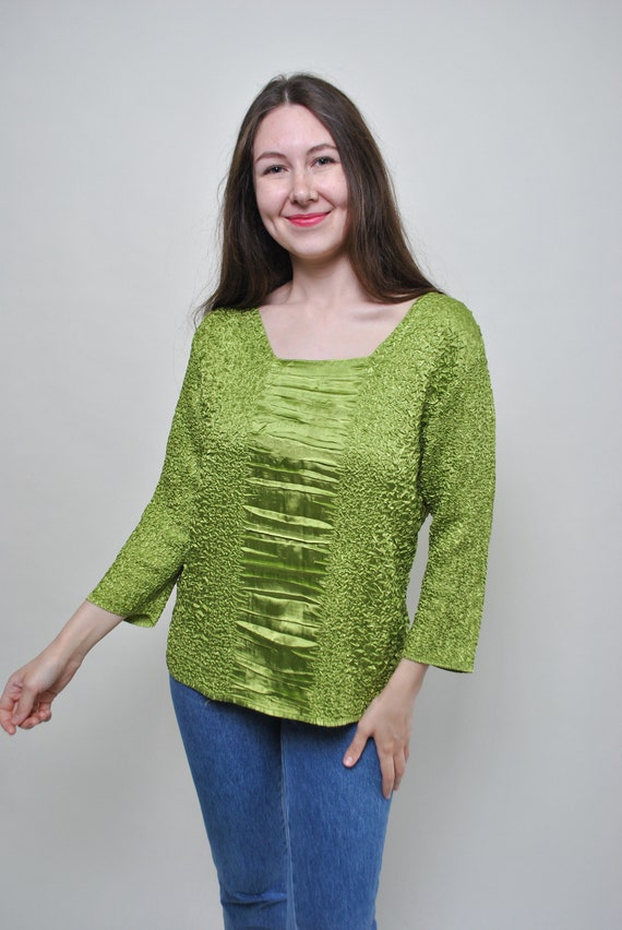 Vintage Vibrant Green Popcorn Blouse, 90s Festival Party Pullover Top, Size M