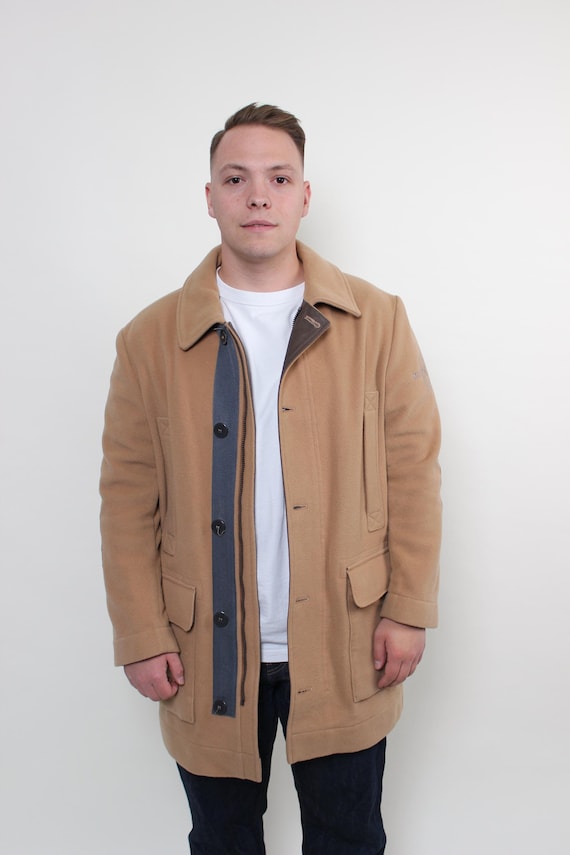 Vintage 90s Wool Blend Coat, Camel Men’s Overcoat with Leather Elbow Patches, Size M