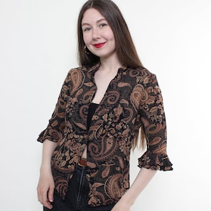 Vintage 90s paisley blouse, ruffle sleeve blouse, brown hippie blouse, Size M
