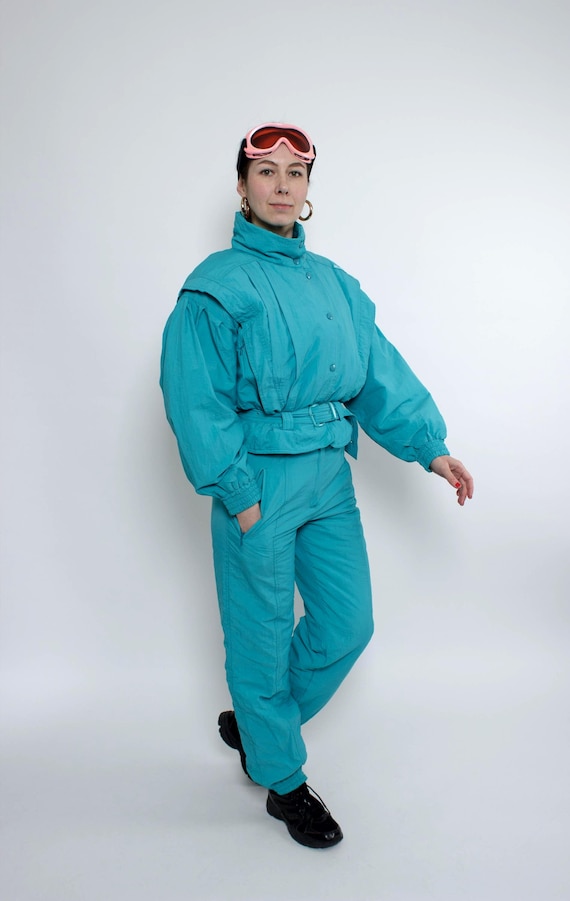 80s Teal Ski Suit Vintage Insulated One Piece Snowsuit Belted High Collar Size S
